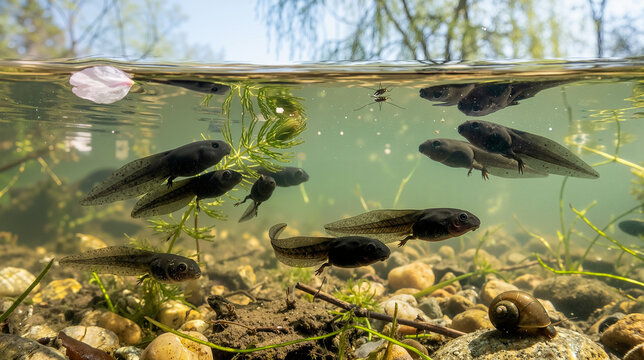 Tadpoles swimming in clear water with aquatic plants and rocks  