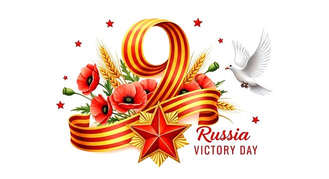 09 may russia victory day floral tribute with ribbon and patriotic star