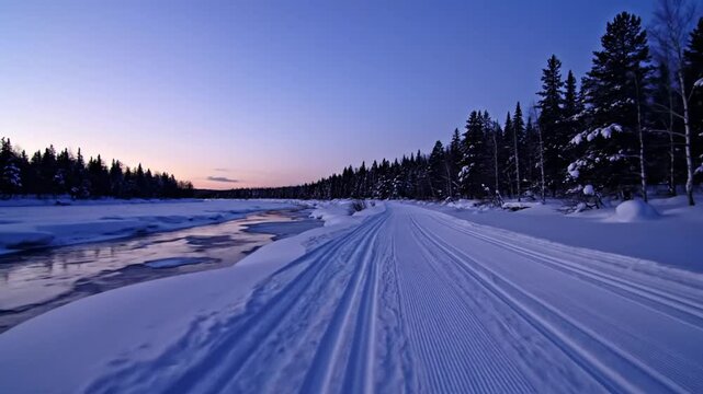 Scenic winter wonderland view of a cross-country ski track with a flowing river and trees under a clear blue sky during sunset