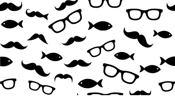 Modern seamless monochrome pattern with mustaches glasses and fish vector background
