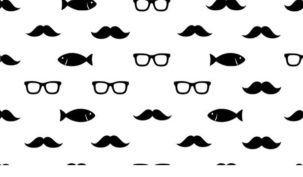 Black and white seamless pattern with hipster mustache glasses and fish silhouettes vector design