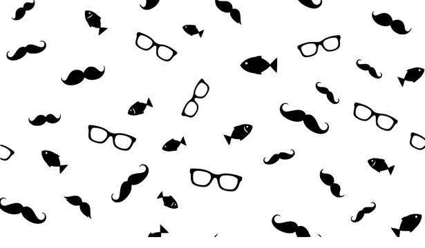Trendy abstract seamless pattern with hipster mustache glasses and fish silhouettes vector art