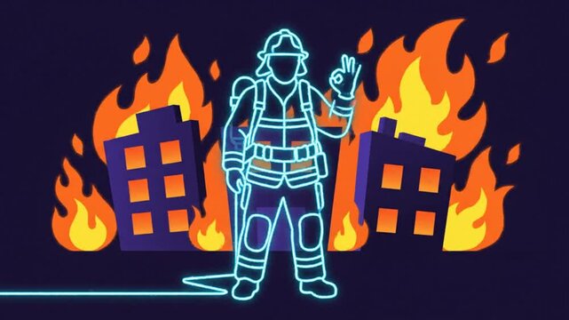 Neon firefighter gives the ok sign in front of burning buildings in a dark environment