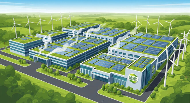 Modern sustainable factory with solar panels and wind turbines.