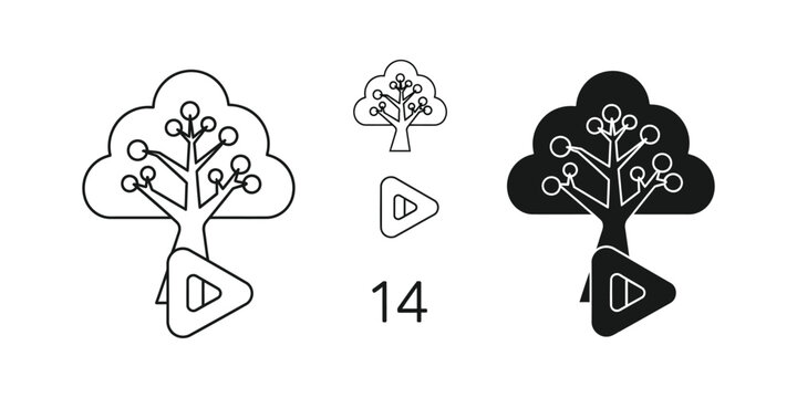 Visual representation of tree growth stages with play buttons and numeric label