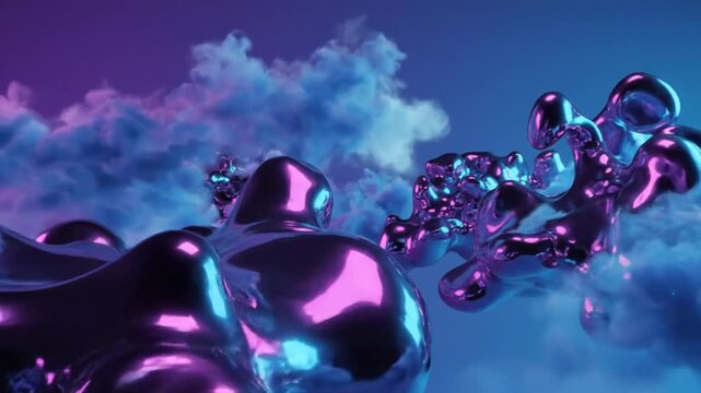 Abstract futuristic fluid art in iridescent chrome against a vibrant gradient sky background with soft cloud