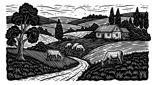 Rural scenery woodcut vector illustration in cordel literature style countryside landscape isolated on white background