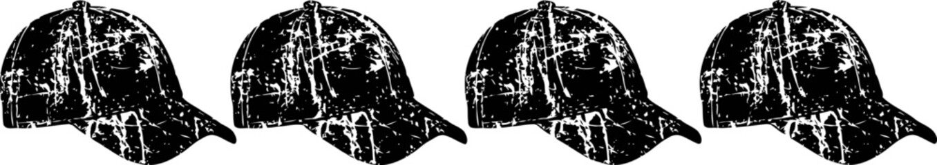 Obraz premium multiple black vintage leather baseball caps arranged in a row isolated on white