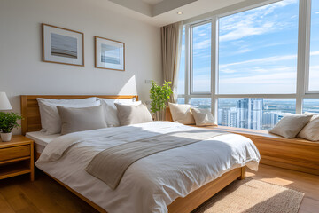 Fototapeta premium Minimalist bedroom design featuring a low bed with soft linen and large windows providing natural light during the day