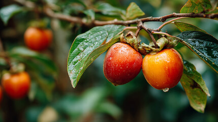 Obraz premium Persimmon Fruit hanging on a Persimmon tree branch in garden, copy space
