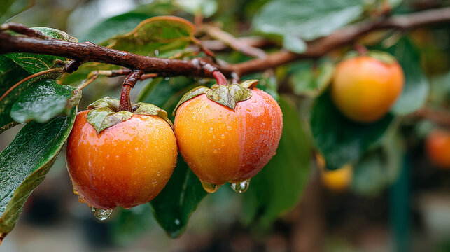 Persimmon on tree branch in garden, copy space 