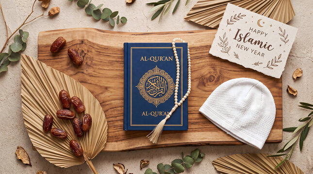 Islamic New Year flat lay with Quran, pearl beads, dates, and white kufi hat on wooden board with dried leaves.