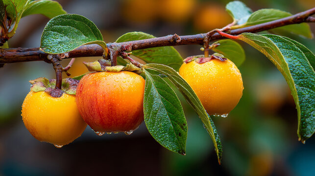 Persimmons on tree branch in garden, copy space