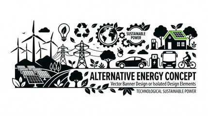 Fototapeta premium Alternative energy concept vector banner with renewable power sources and sustainable technology icons.
