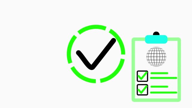 Clipboard with globe and check marks next to a large icon. This globe shows data. A digital globe for worldwide network monitoring and server status checklists.