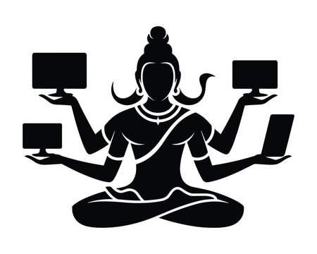 Spiritual multiarmed deity figure holding various computer devices in a meditative pose representing technology integration