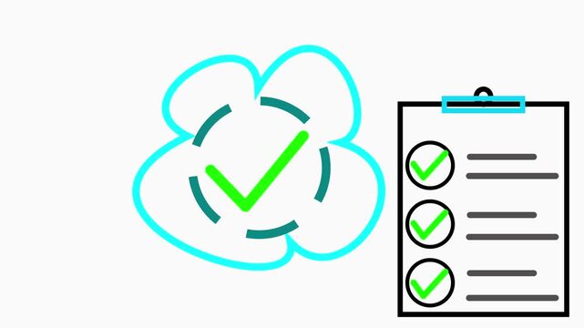 Clipboard with three green check marks next to a flower. This flower is an outline. A nature checklist for garden planning and biological research animations.