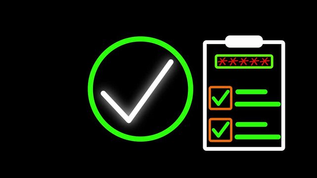 Green circle and checklist with password asterisks. This checklist is for security. A secure checklist for login verification and privacy protection animations.