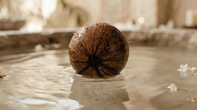 Close-up of soft water ripples around a coconut shell in warm beige tones, smooth liquid texture, spa-inspired minimalism and subtle reflections, diffused light and tranquil wellness atmosphere,