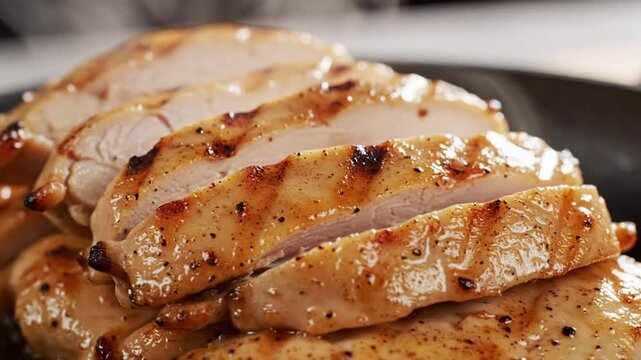 Close up shot of sliced grilled chicken breast with grill marks and steam, ready to eat