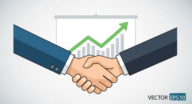 Two businessmen shaking hands in front of a growing financial graph.