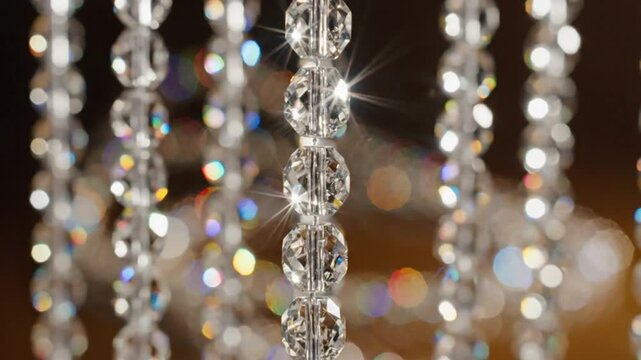 Shimmering close-up of crystal bead curtains with radiant light and bokeh effect creating elegant ambiance