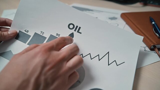 A hand sorts through printed graphs and charts related to oil market trends while another hand counts cash. This footage captures the financial analysis and currency exchange in a business setting