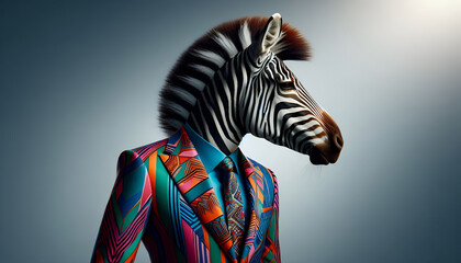 Obraz premium Stylish zebra in colorful patterned suit and tie posing on minimal background creative funny animal character for modern humorous greeting card