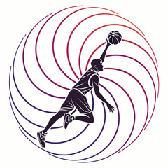 Basketball player dunking with ball against swirling red and blue background © saharima
