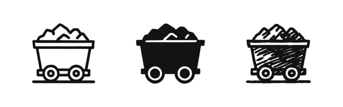 Mine Cart with Ore Icon Set in Outline, Solid, and Sketch Styles for Industrial Mining and Transportation
