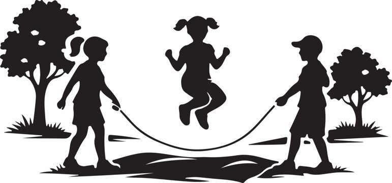 Clean black silhouette of jump rope kids in park