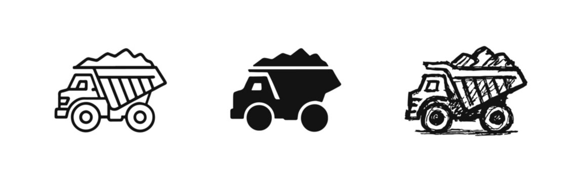 Heavy Duty Dump Truck Icon Set in Three Artistic Styles for Mining, Construction, and Earthmoving Logistics