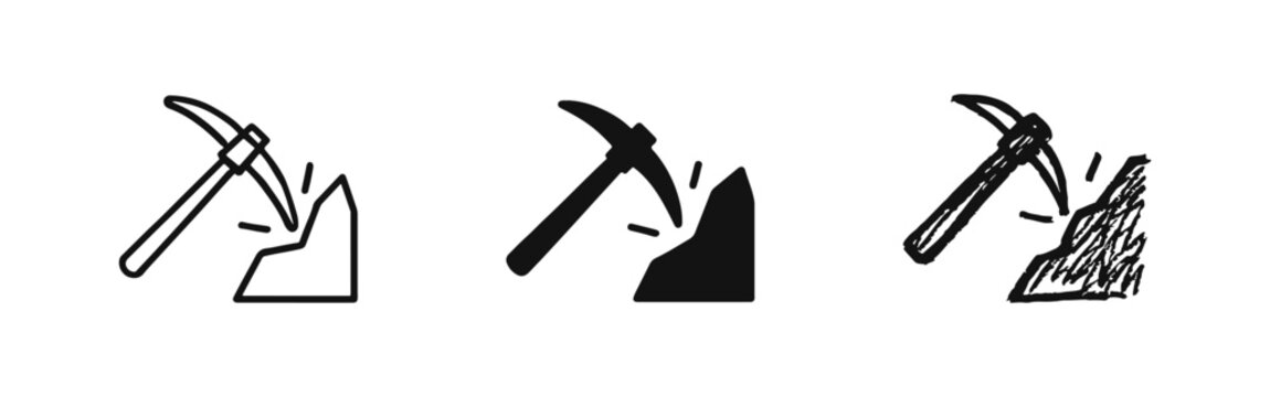 Mining Pickaxe Tool Icon Set Hitting Rock in Various Styles for Resource Extraction and Prospecting