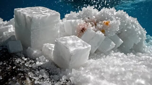 Underwater close up of white salt crystals, formed around larger crystal cubes with ripples in the water