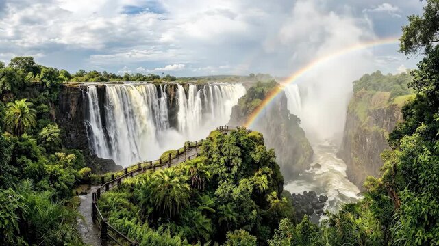 Victoria Falls from the Zimbabwe side at Mosi-oa-Tunya, immense cascading water, mist clouds rising above rocky cliffs and lush greenery, dramatic sunlight and a majestic natural atmosphere,