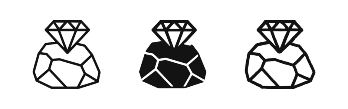 Diamond on Raw Stone Icons in Three Styles: Line Art, Solid Silhouette, and Hand-Drawn Sketch