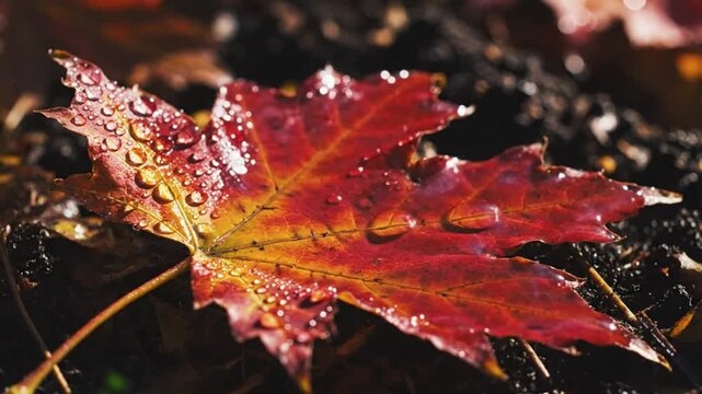 Rain falling on a vibrant red and yellow maple leaf in an autumn nature scene