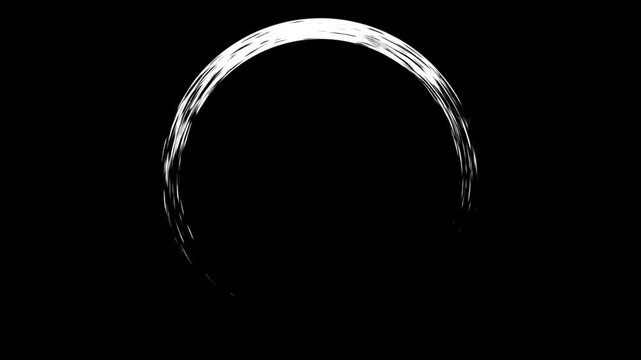White brush stroke circle painting on a black background with a hand drawn artistic texture representing zen philosophy and minimalist oriental calligraphy style.