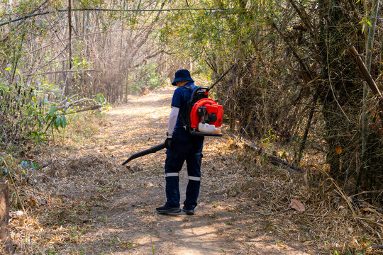 Firebreak creation using leaf blower to prevent wildfire spread in dry forest area