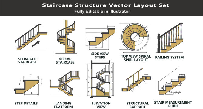 Staircase design vector icons set, top view architectural symbols, spiral stairs, straight steps, railing system, landing platform, CAD blueprint layout