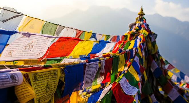 Colorful prayer flags and a buddhist stupa amidst misty mountains