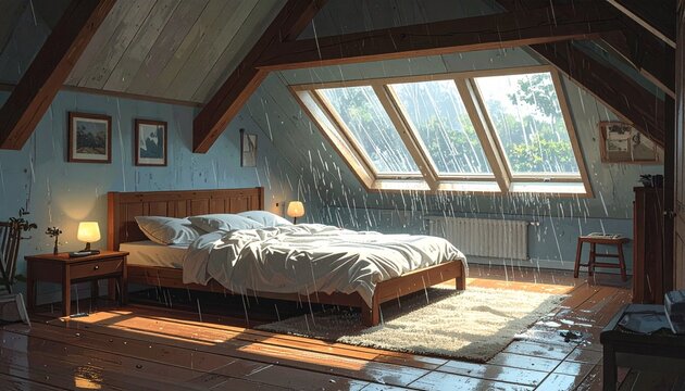 Cozy attic bedroom with natural light and rain view through skylights