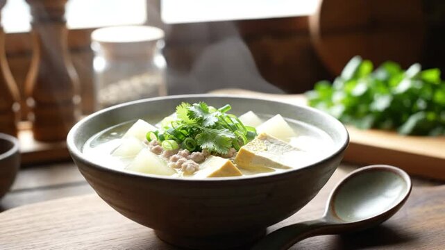 Savory bowl of steaming Asian soup with tofu, daikon, and cilantro in a cozy kitchen setting