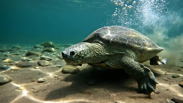 Graceful sea turtle gracefully glides through underwater environment with rocky seabed and clear turquoise water