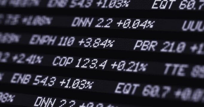 Energy stocks quotation board, electronic financial yield table volatility, trading energy commodities prices, financial market scrolling ticker board close-up, footage