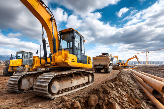 Construction site with excavators and bulldozer at work during daytime in an urban area with a cloudy sky above