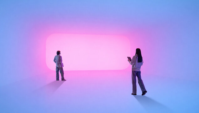 People observing glowing digital screen in dark gradient environment. Concept of futuristic interface spaces, immersive UX environments, and digital display storytelling.