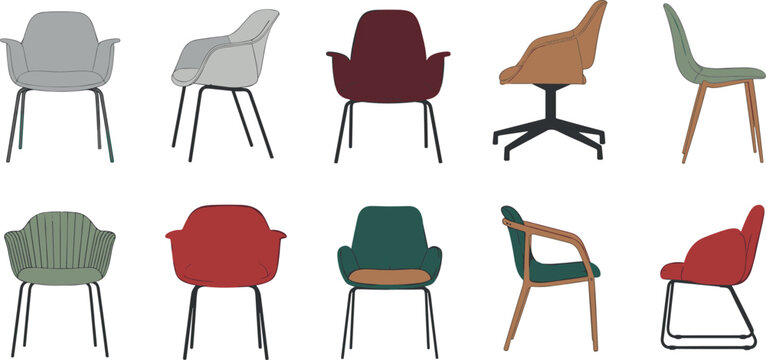 Modern furniture collection featuring diverse dining and office chairs in various colors and styles including armchairs side chairs and swivel seats for interior design.