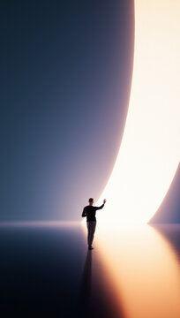 Person approaching glowing curved portal in futuristic minimal space. Concept of digital transformation, immersive environments, future spaces, and transition into new technological realities.