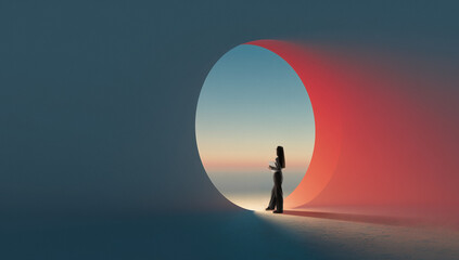 Woman standing near glowing oval portal in surreal digital landscape. Concept of futuristic...